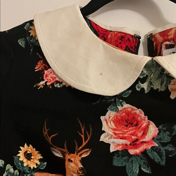 Floral and Forest Creature Print Dress with White Peter Pan Collar - Picture 3 of 8